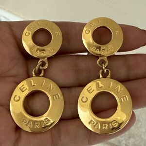 Authentic Celine Paris Vintage Women Clip-On Drop Dangle Earrings Gold 2 Circle